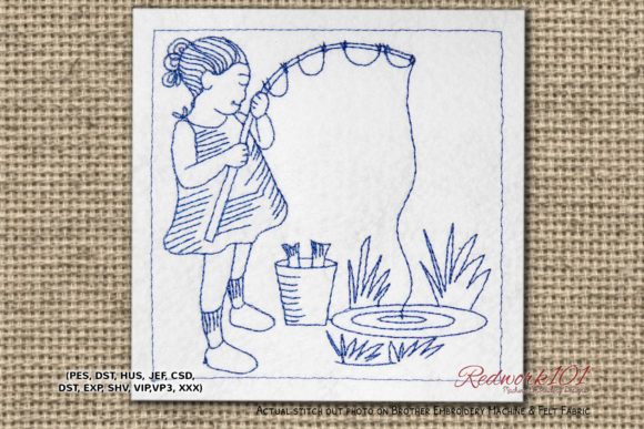 Girl Fishing in Pond Bluework